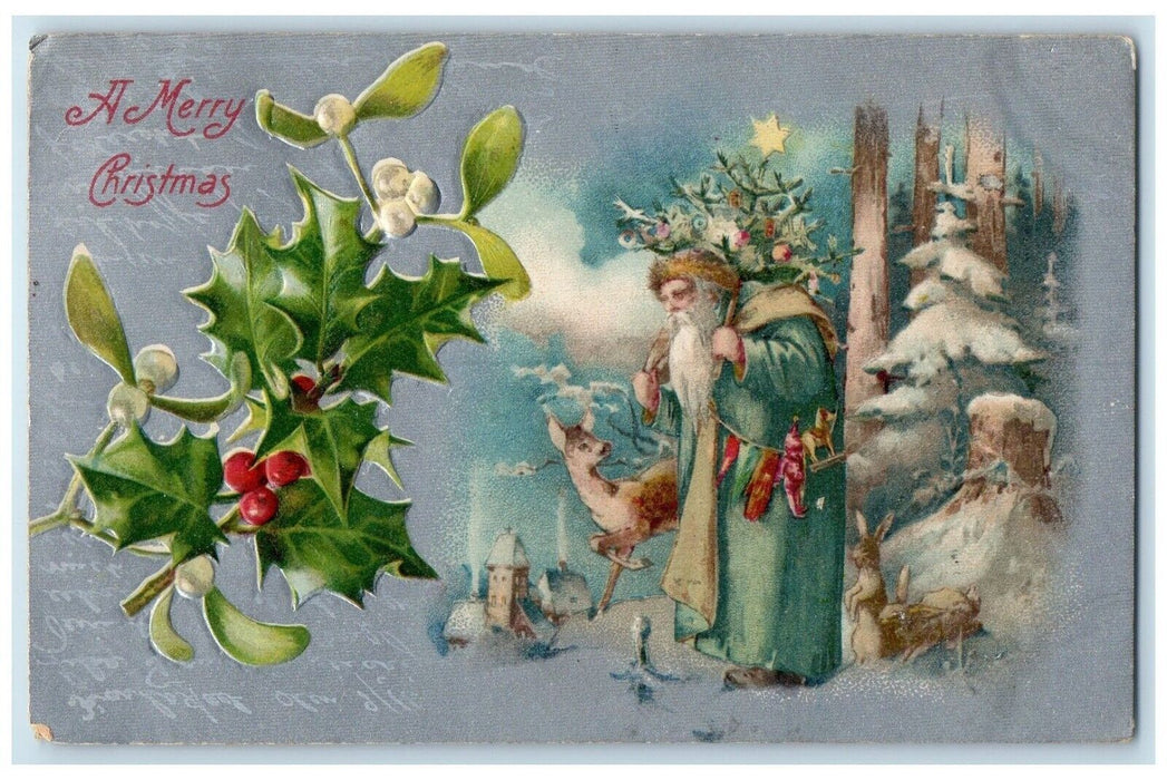 1907 Christmas Santa Claus Blue Robe Holly Berries Mistletoe Embossed Postcard