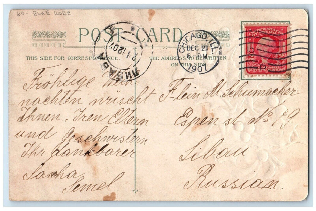1907 Christmas Santa Claus Blue Robe Holly Berries Mistletoe Embossed Postcard