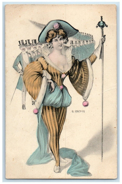 c1910's Pretty Woman Big Hat Suitors Dating Romance Posted Antique Postcard