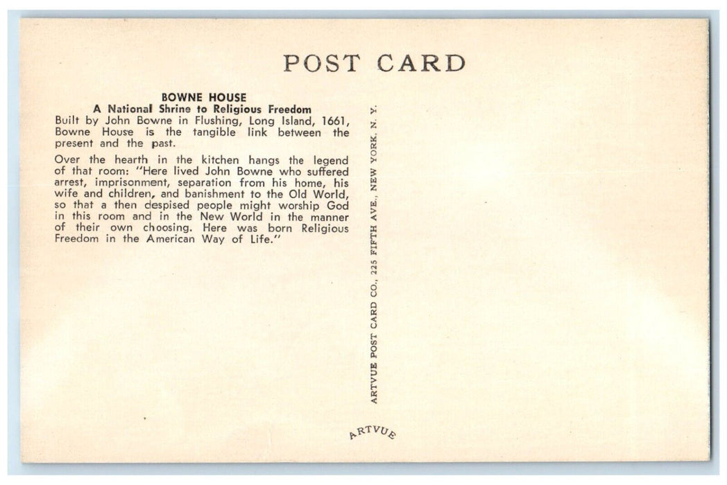 c1940 Bowne House National Shrine Religious Freedom Long Island Artvue Postcard