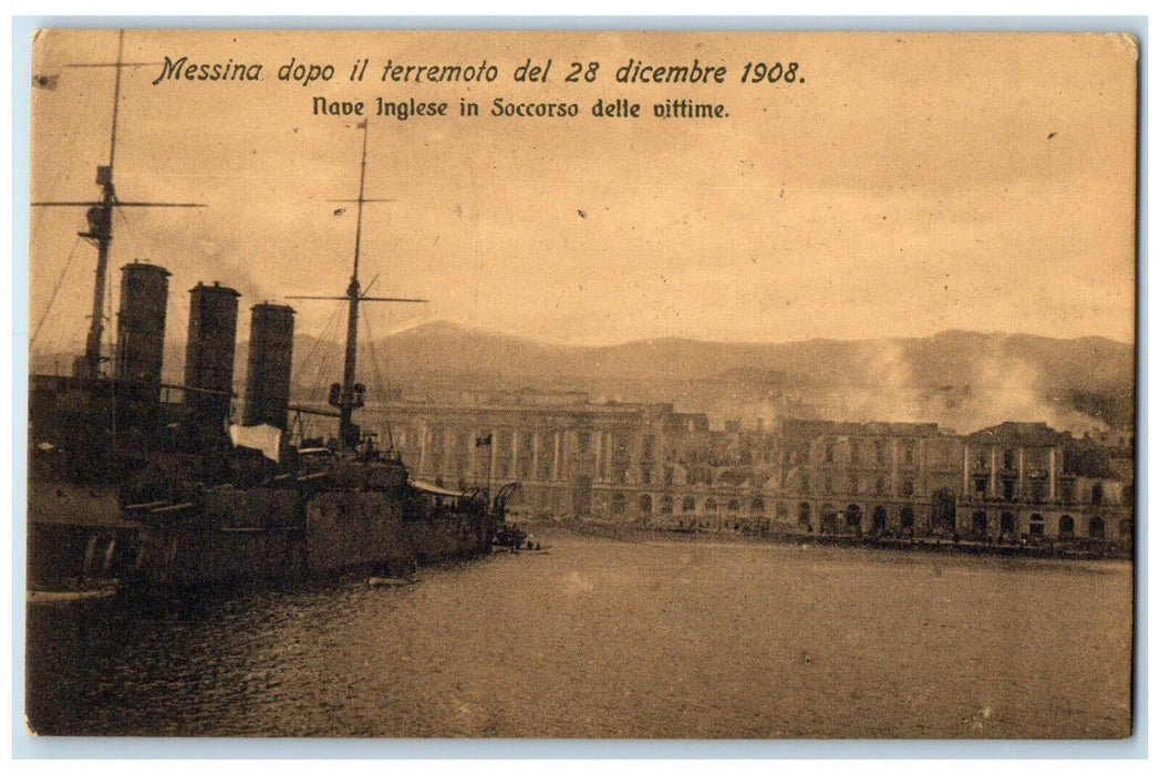 c1910 Messina After the Earthquake English Ship Rescuing Victims Italy Postcard