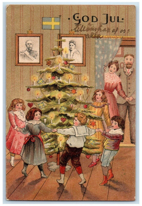 c1910's Christmas Children Playing Christmas Tree Candle Lights Norway Postcard