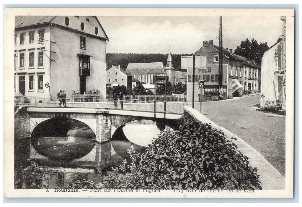 c1940's Bridge Over the Ourine and Brug Over Church Houffalize Belgium Postcard