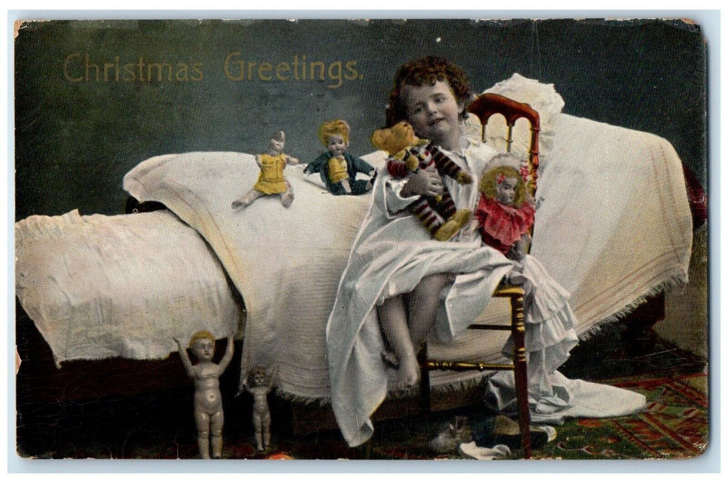 1914 Christmas Greetings Little Girl Playing Dolls Charleston SC Posted Postcard