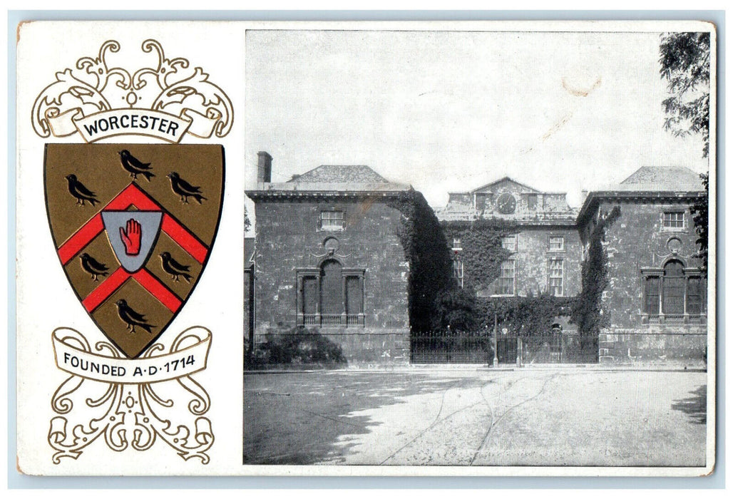 c1940's View of Building Logo of Worcester England Embossed Antique Postcard