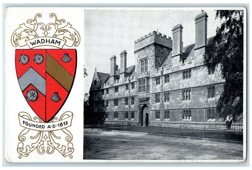 c1940's View of Building Logo of Wadham College England Embossed Postcard