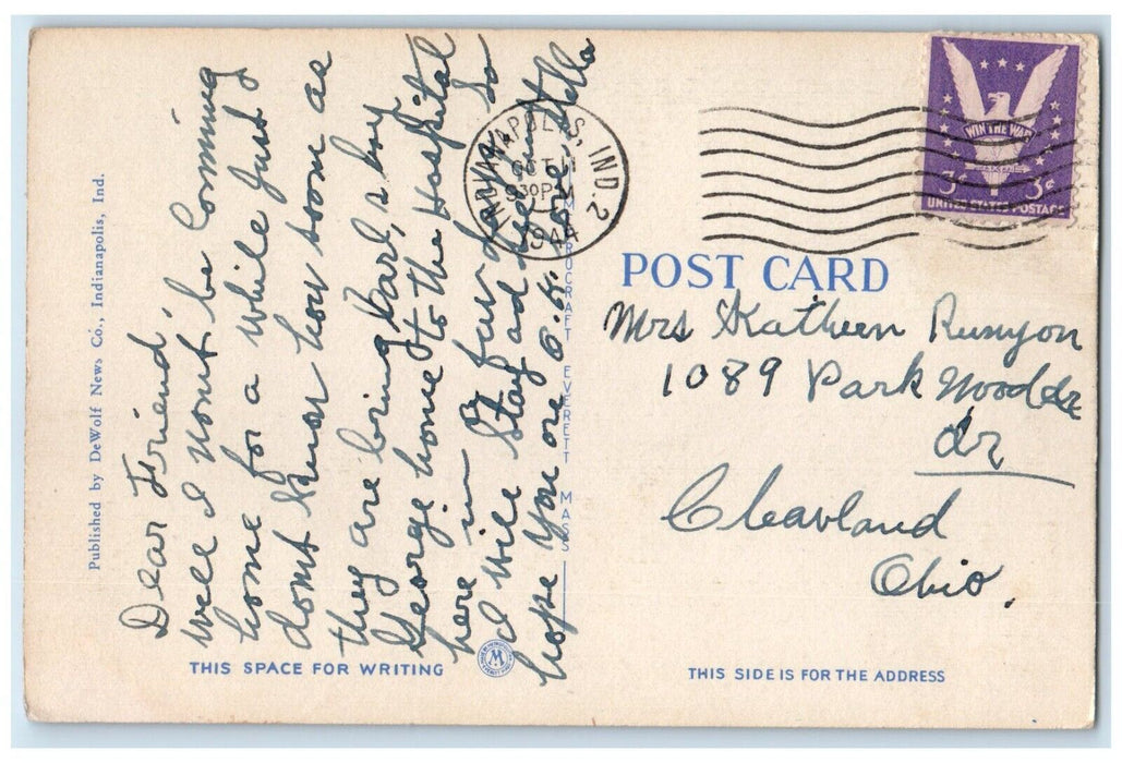 1944 Indiana World War Memorial Plaza By Night Indianapolis Indiana IN Postcard