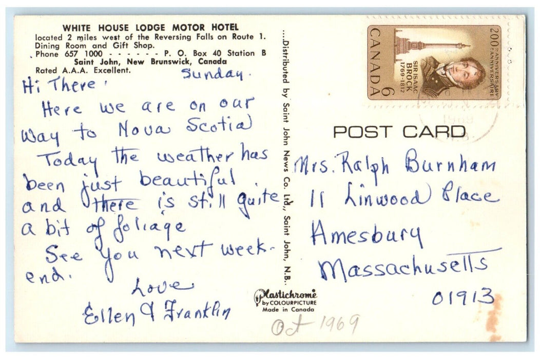 1969 White House Lodge Motor Hotel New Brunswick Canada, Flowers Posted Postcard