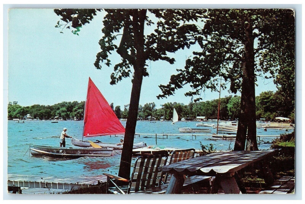 c1950's Devil's Lake Pleasant Drive Sailboat Manitou Beach Michigan MI Postcard