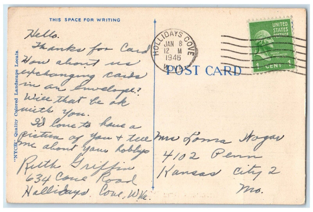 1946 Greetings From Weirton West Virginia WV, Lake View Hollidays Cove Postcard