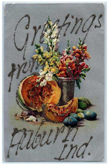 c1910's Greetings From Auburn Indiana IN, Flowers Glitter Embossed Postcard