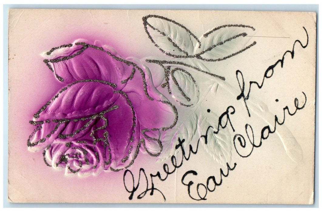 Greetings From Eau Claire Wisconsin WI Flowers Glitter Airbrushed Postcard