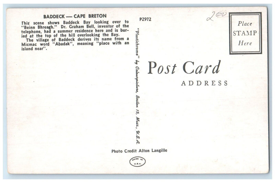 c1950's Baddeck Cape Breton Canada, Looking Over To Beinn Bhreagh Postcard
