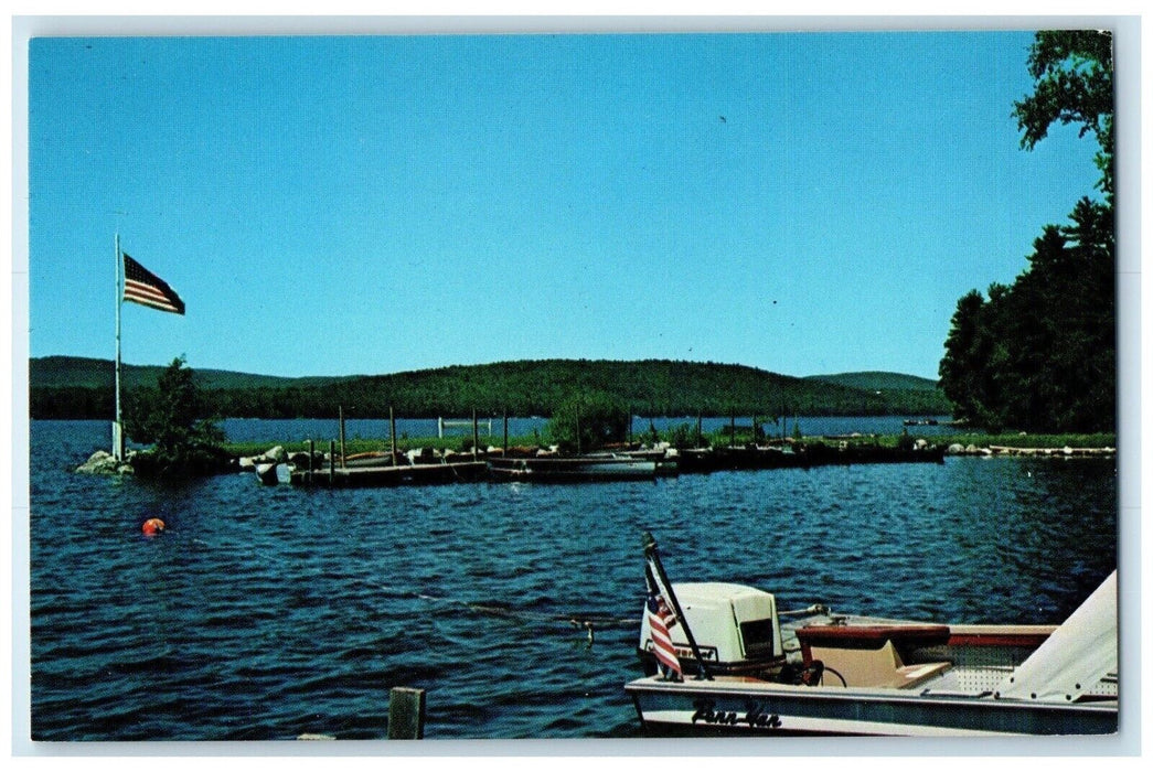 c1950's View Of Woodland Camps Belgrade Lake Maine ME, Boat Scene Postcard