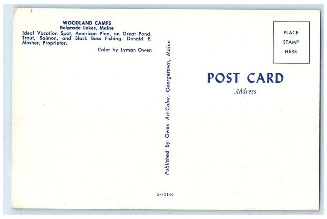c1950's View Of Woodland Camps Belgrade Lake Maine ME, Boat Scene Postcard