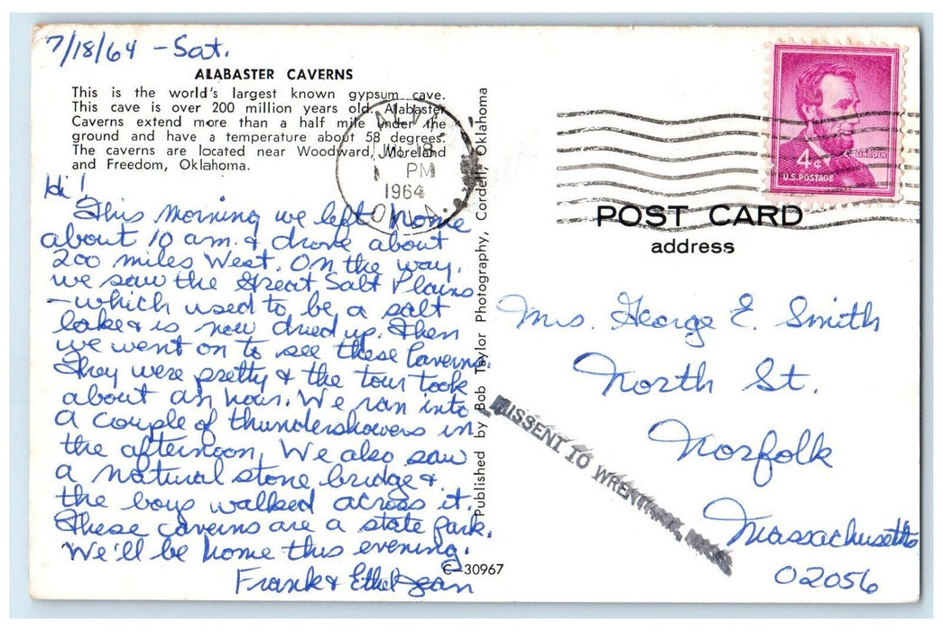 1964 Gypsum Cave Alabaster Caverns Freedom Alva Oklahoma OK Vintage Postcard