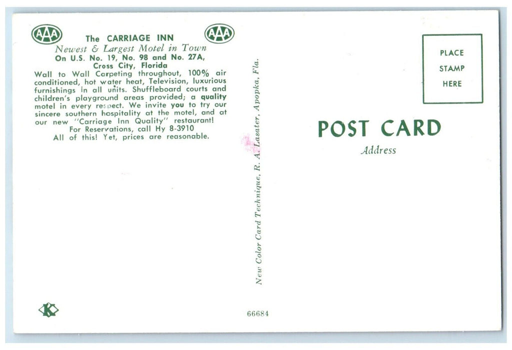 c1960 Carriage Inn Restaurant Multi-View Cross City Florida FL Unposted Postcard