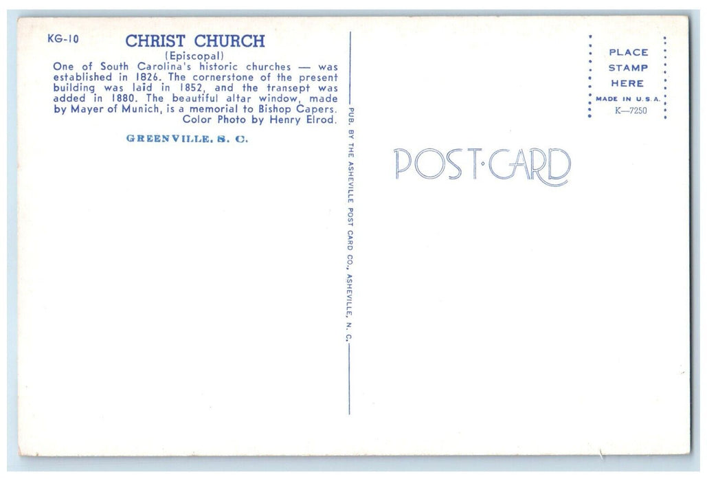 c1960 Exterior View Christ Church Episcopal Greensville South Carolina Postcard