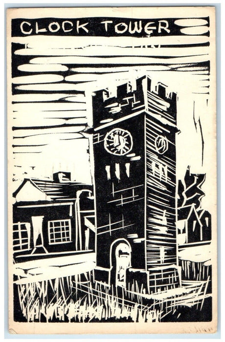 1968 Clock Tower Wood Block Print Hudson Ohio OH Posted Antique Postcard