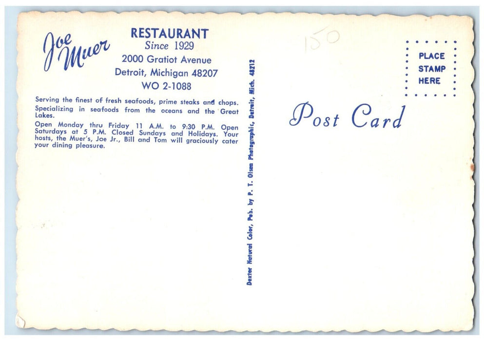 Joe Muer Restaurant Dining Room Detroit Michigan MI, Multiview Vintage Postcard