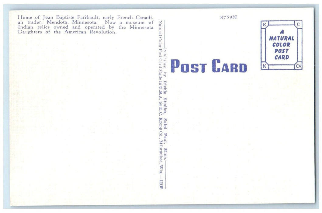 c1940 Home Jean Baptiste Faribault Canadian Museum Mendota Minnesota MN Postcard