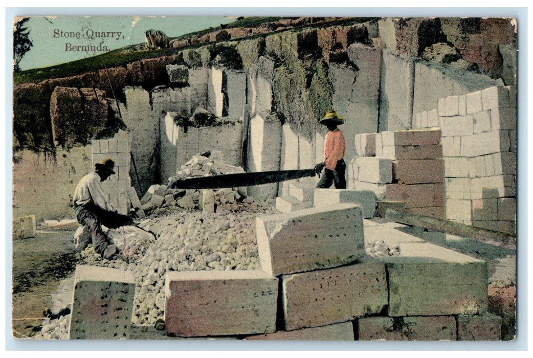 c1910 Men at Work View of Stone Quarry Bermuda Posted Antique Postcard