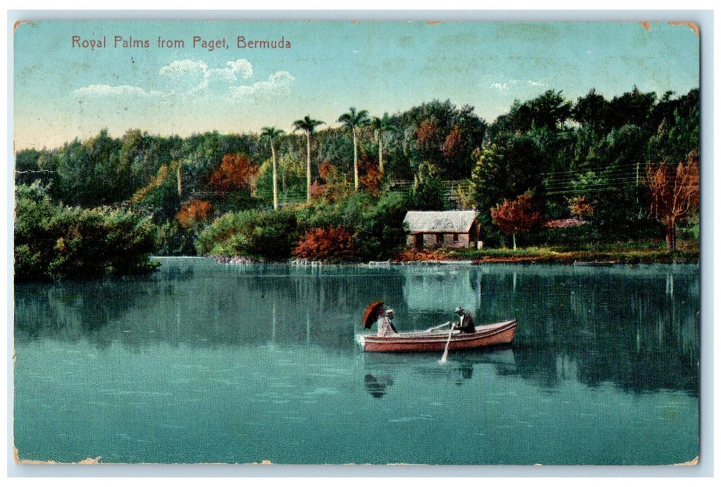 c1910 Boat Canoeing Royal Palms from Paget Bermuda Posted Antique Postcard