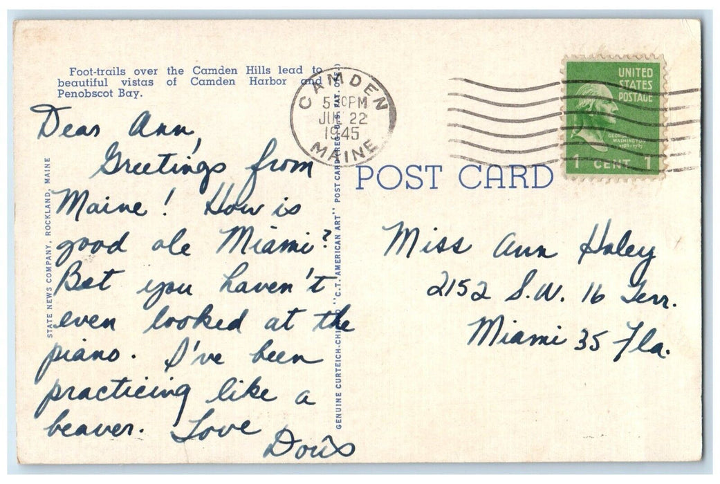 1945 Scenic View Harbor & Mt Battie Lake Boat Trees Camden Maine Posted Postcard