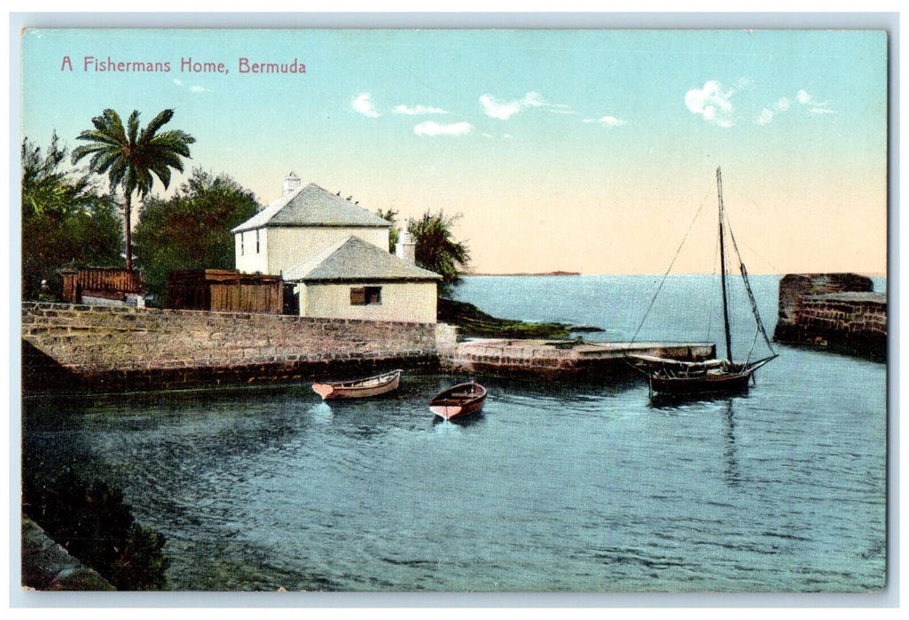 c1910 Sailboat View A Fishermans Home Bermuda Unposted Antique Postcard