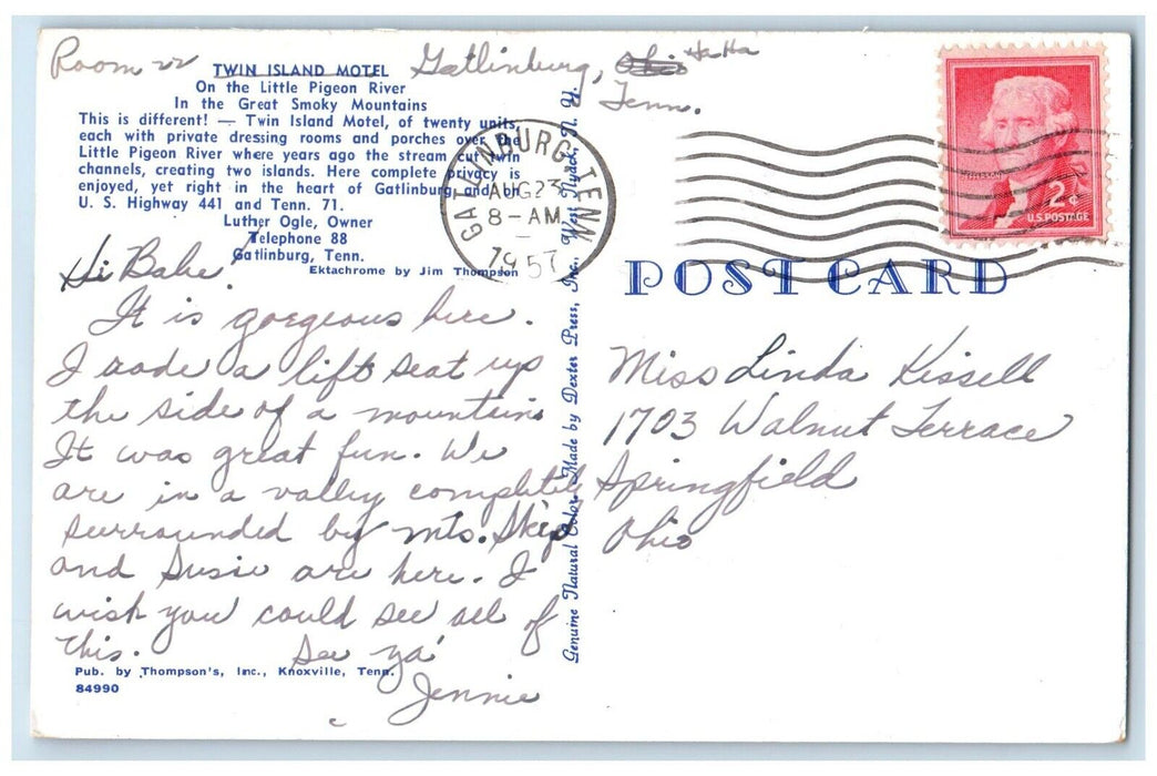 1957 Exterior View Twin Island Motel Building Gatlinburg Tennessee TN Postcard