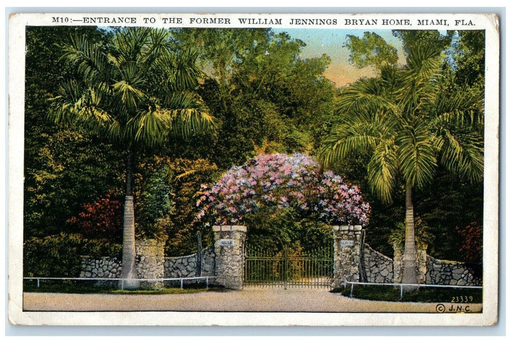 1931 Entrance Former William Jennings Bryan Home Miami Florida Antique Postcard