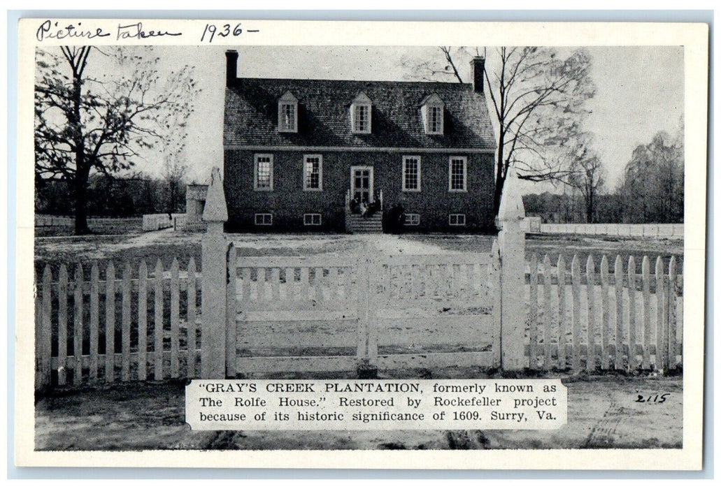 c1936 Grays Creek Plantation Rolfe House Rockfeller Surry Virginia VA Postcard