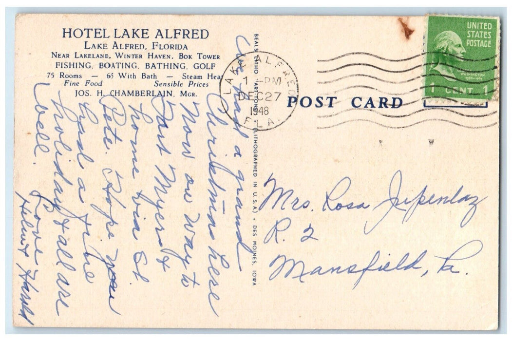 1948 Exterior View Hotel Lake Alfred Lake Region Lake Alfred Florida FL Postcard