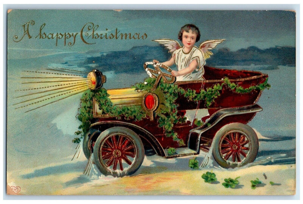 1910 Christmas Angel Driving Car Shamrock Winter Embossed Gel Gold Gilt Postcard