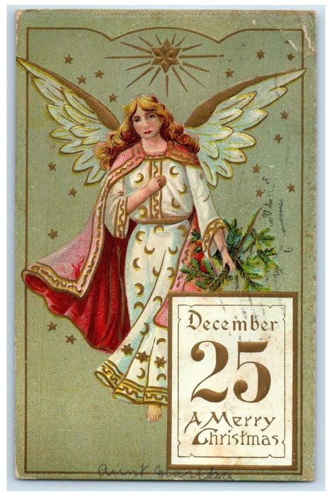 1908 Christmas Calendar Angel Embossed Brooklyn New York NY Antique Postcard