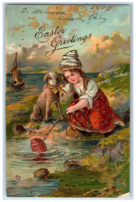 1907 Easter Greetings Girl Lamb Getting Egg Pipe Berry Embossed Antique Postcard