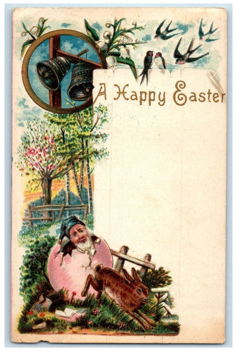 c1910's Easter Gnome In Hatched Egg Rabbit Ringing Bells Embossed Postcard