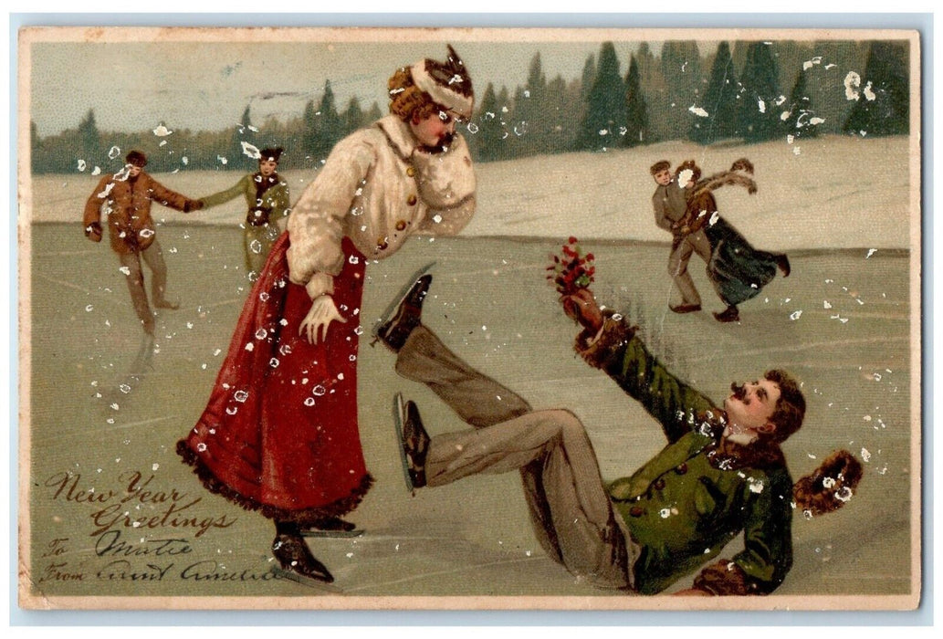 1906 New Year Greetings Couple Romance Ice Skating Flowers Clapsaddle Postcard