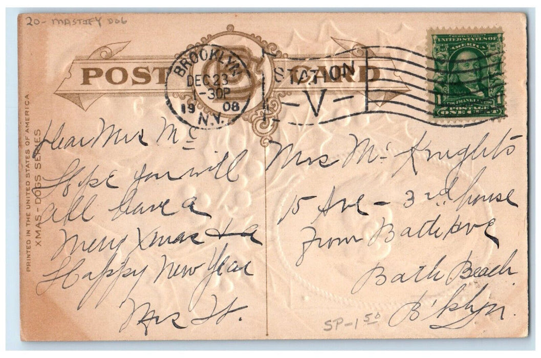 1908 Merry Christmas Mastify Dog Holly Berries Embossed Brooklyn NY Postcard