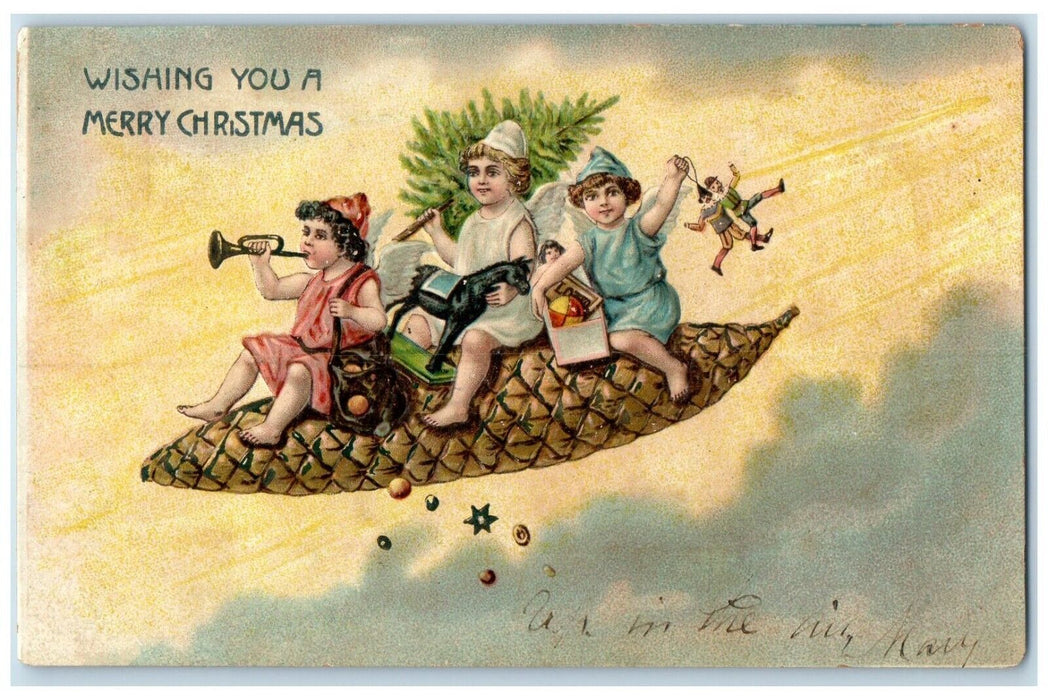 c1910's Christmas Children Riding Pine Cone Airship Fantasy Embossed Postcard