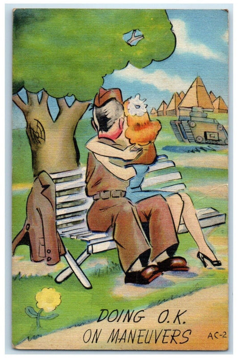 1943 Sweet Couple Kissing Romance Maneuvers Fort Sheridan Illinois IL Postcard