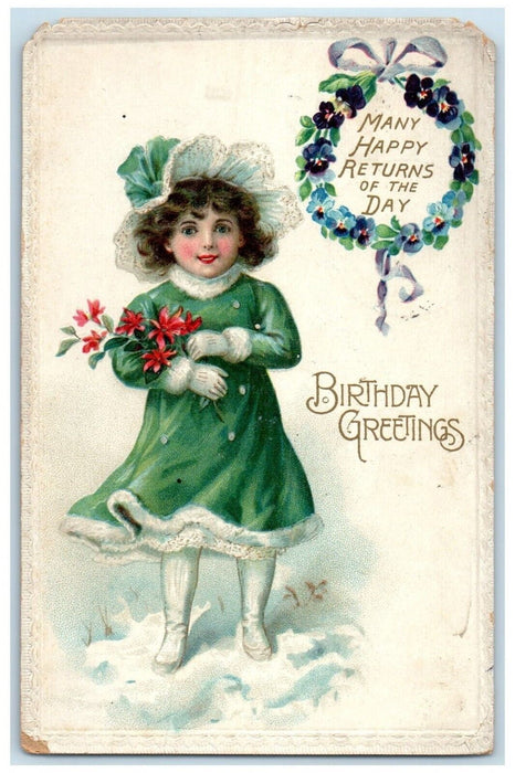 1913 Birthday Greetings Girl Poinsettia Flowers Winter Beecher IL Postcard