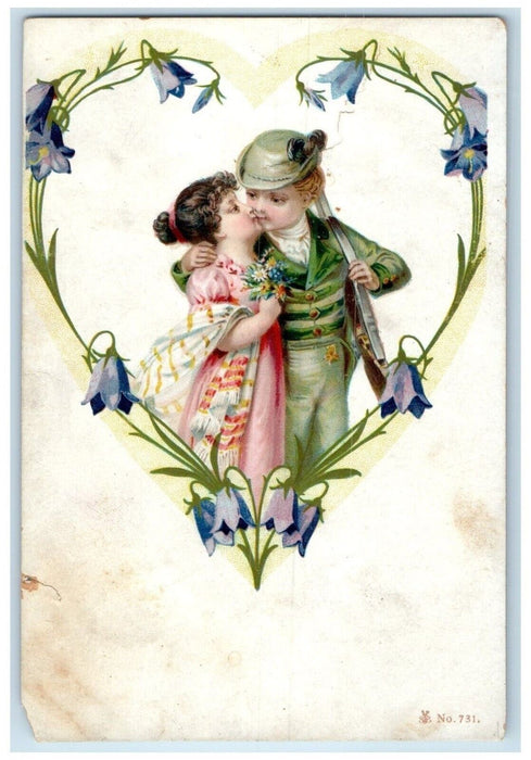 c1905 Valentine Couple Kissing Romance Blue Flowers Unposted Antique Postcard