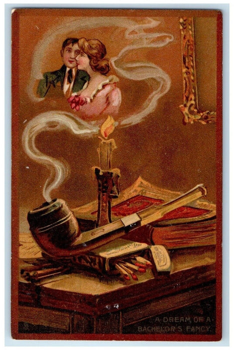 1910 Couple Romance Pipe Smoke A Dream Of Bachelor's Fancy Tuck's Postcard