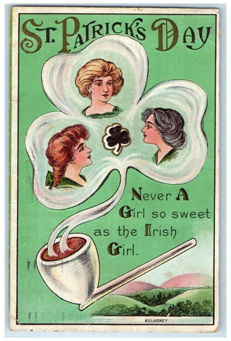 1913 St. Patrick's Day Woman Pipe Smoke Killarney Saginaw Michigan MI Postcard