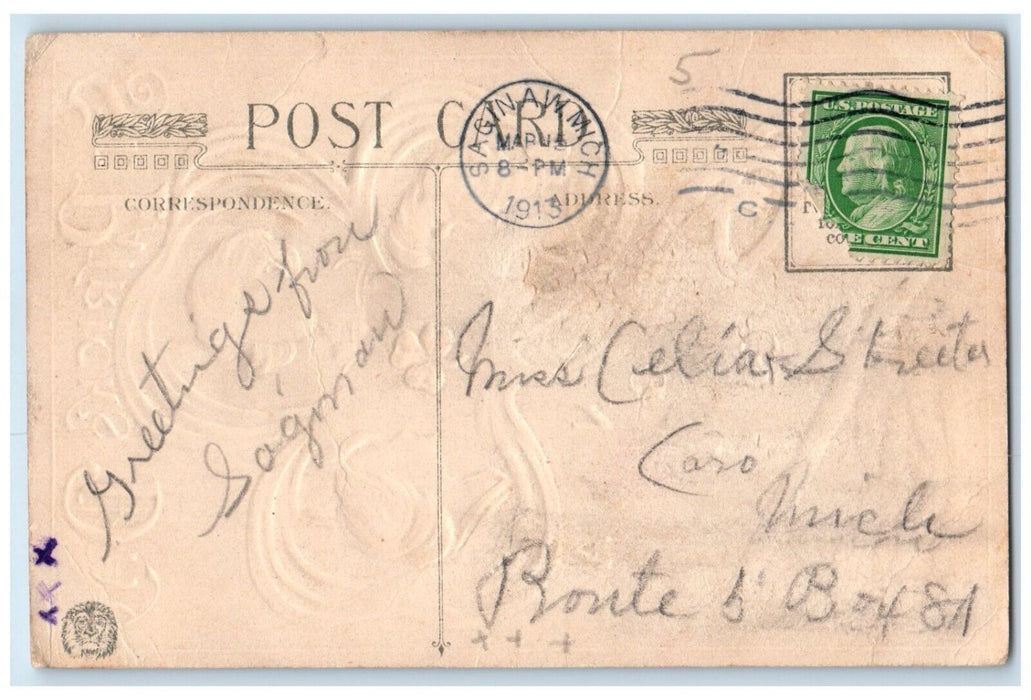 1913 St. Patrick's Day Woman Pipe Smoke Killarney Saginaw Michigan MI Postcard