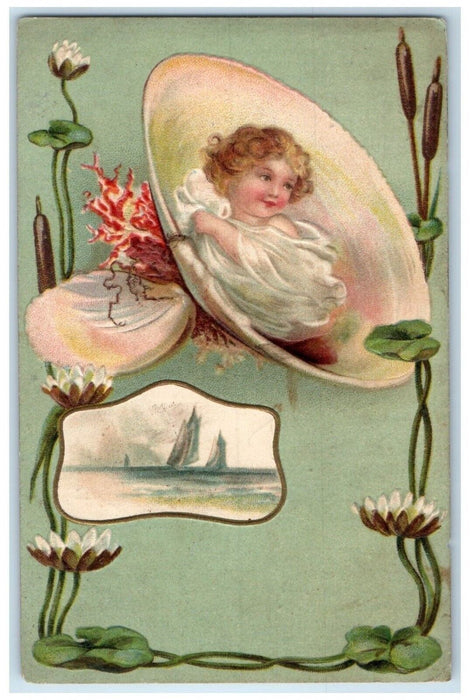 1908 Little Girl Seashell Lilly Pad Flowers Art Nouveau Patton PA Postcard