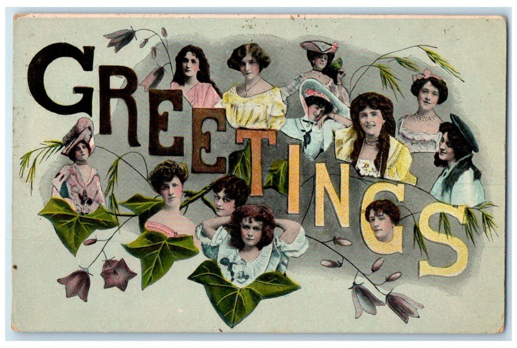 1908 Greetings Large Letter Womens Ivy Leaf Stockbridge MA Antique Postcard