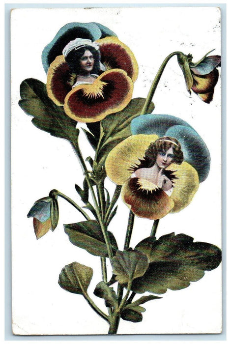 1907 Pretty Woman On Flowers Curly Hair Bonnet Germany Austria Antique Postcard