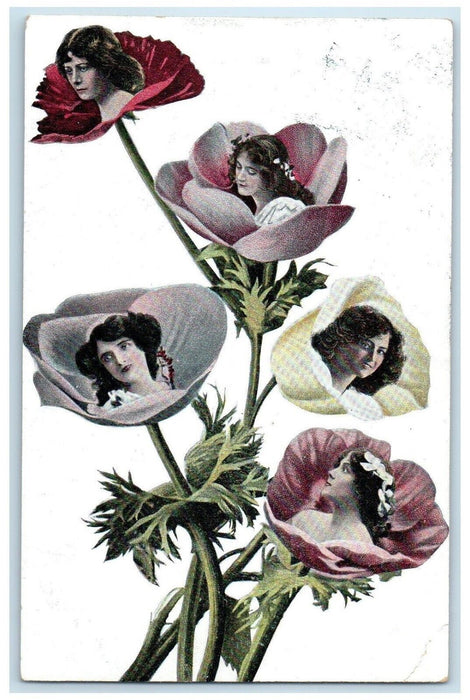 1907 Pretty Womens On Flowers Curly Hair Germany Posted Antique Postcard